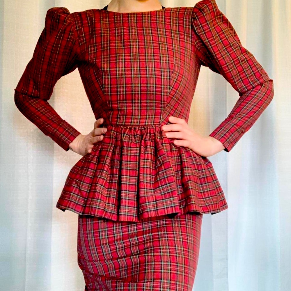 VINTAGE Fosha Plaid Holiday Peplum Pencil Dress, Size XS